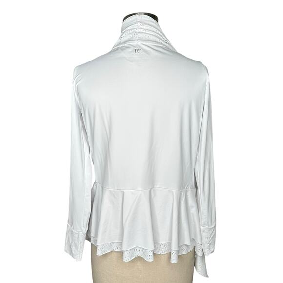 DENISE CRONWALL White Open Front Stretch Cardigan Women's Size Medium Cut Out - Picture 3 of 5